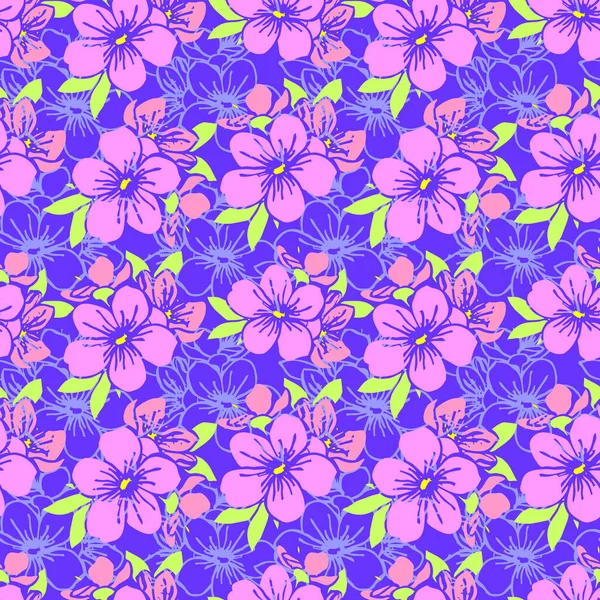 seamless pattern of pink silhouettes and blue contours of flowers on a blue background, texture, design