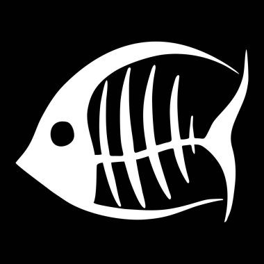 white contour drawing of a fish skeleton on a black background, logo, design