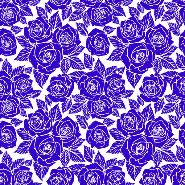 Nahtlose Blaue Asymmetrische Muster Von Rosenkonturen Auf Weißem Hintergrund Textur — Stockvektor
