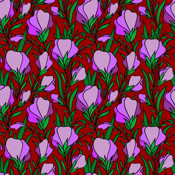 Бесшовный Контур Больших Пурпурных Цветов Красном Фоне Текстура — стоковый вектор