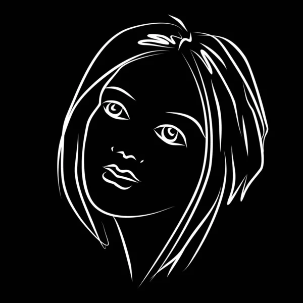 Contour White Female Portrait Black Background Logo Monochrome Design — Vetor de Stock