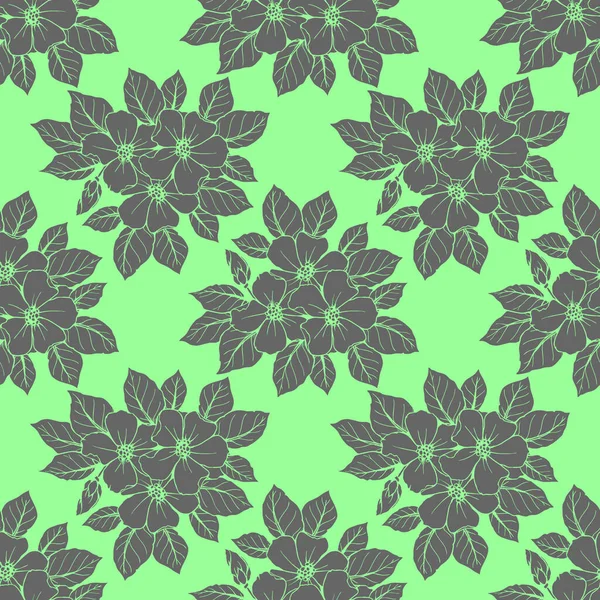 Nahtlose Konturenmuster Großer Grauer Blüten Auf Grünem Hintergrund Textur Design — Stockvektor