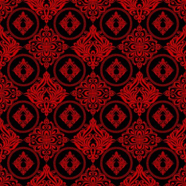 Kusursuz grafik deseni, soyut geometrik kırmızı süslemeli siyah arkaplan, doku, tasarım