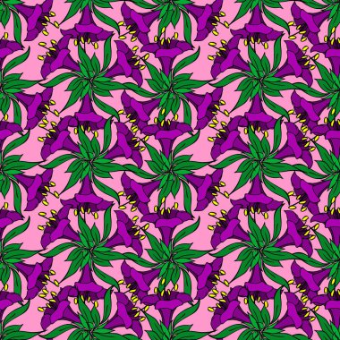 seamless pattern of purple large exotic flowers with a black outline on a pink background, texture, design