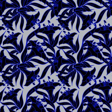 Açık mavi arkaplan, doku ve tasarım üzerinde mavi çizgili büyük siyah çiçeklerin kusursuz deseni.