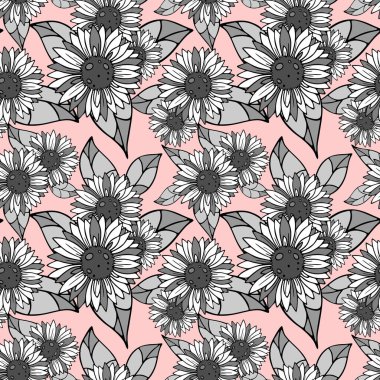 bright seamless background of large black and white inflorescences on a pink background, texture, design