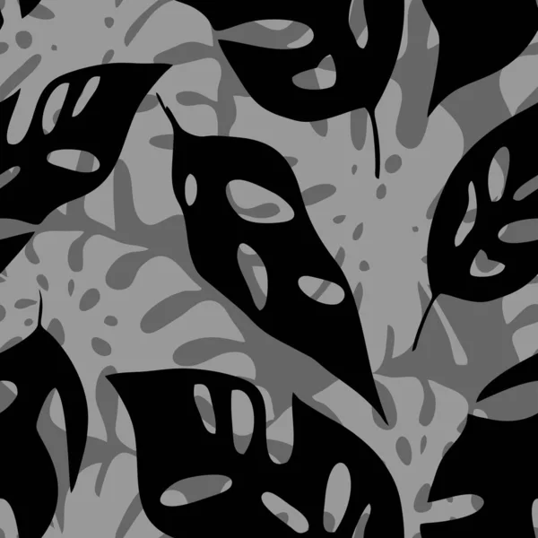 Бесшовный Черный Серый Рисунок Контуров Тропических Листьев Текстуры Фона — стоковый вектор