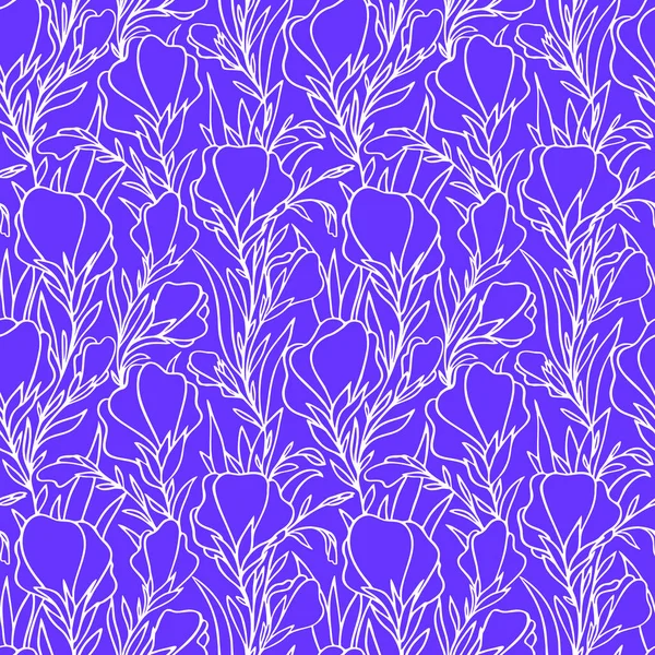 青い背景に白い花の大きな輪郭のグラフィックパターンシームレスなパターンテクスチャデザイン — ストックベクタ