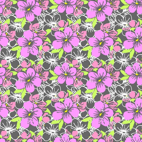 Seamless Pattern Pink Silhouettes White Contours Flowers Gray Background Texture — Stockvektor