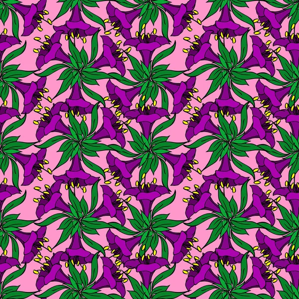 Seamless Pattern Purple Large Exotic Flowers Black Outline Pink Background — Vetor de Stock