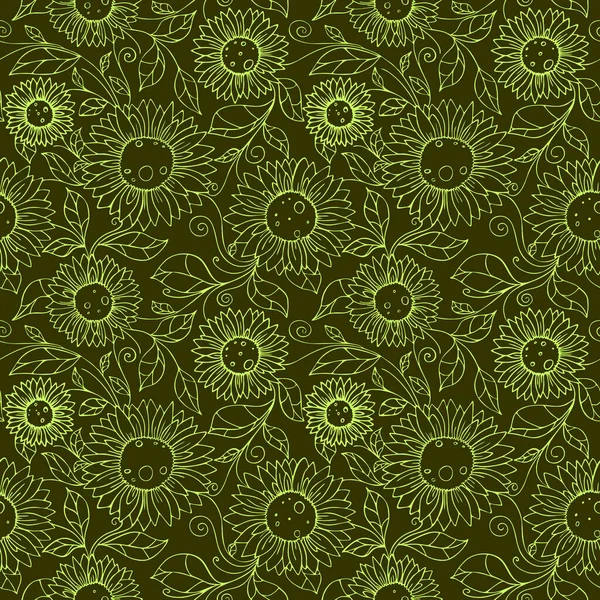 Nahtloses Muster Hellgrüner Blütenkonturen Auf Olivem Hintergrund Textur Design — Stockvektor