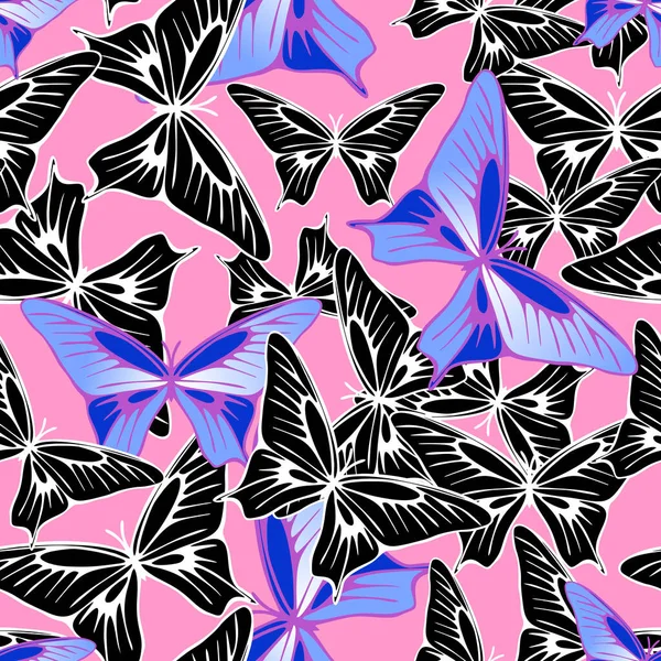 Nahtloses Muster Von Blau Schwarzen Schmetterlingen Auf Rosa Hintergrund Textur — Stockvektor