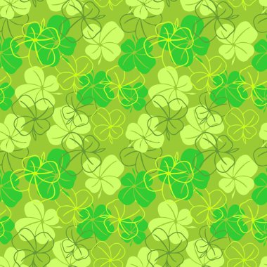 Yeşil arkaplanda dört yapraklı yoncaların kusursuz şekilleri ve siluetleri, doku tasarımı.