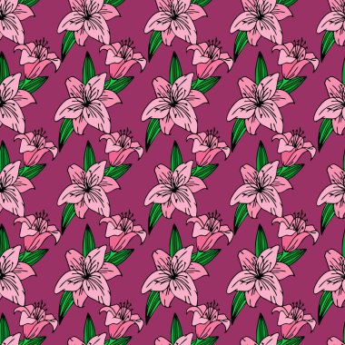seamless repeating pattern of large pink lily flowers on a purple background, texture, design