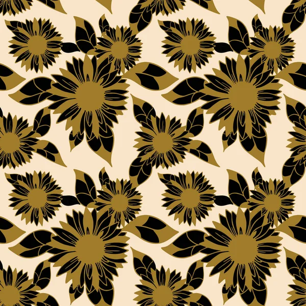 Seamless Pattern Large Black Flower Buds Golden Outline Beige Background — Stockvektor