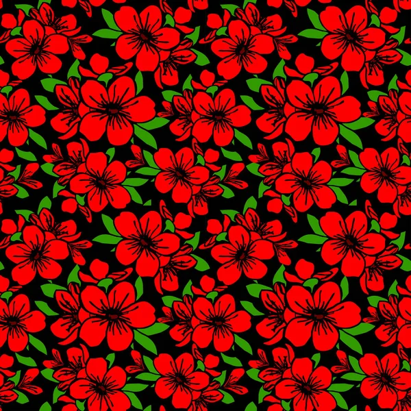 Patrón Sin Costuras Grandes Flores Exóticas Rojas Con Contorno Negro — Vector de stock