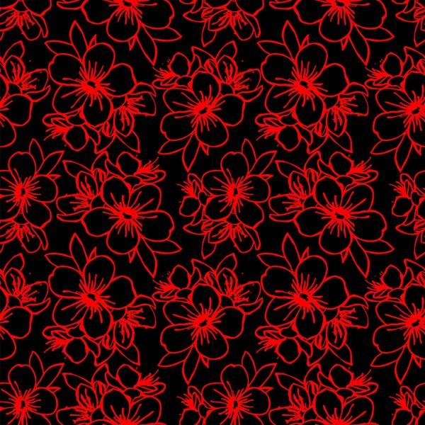 Patrón Sin Costuras Contornos Rojos Flores Sobre Fondo Negro Textura — Vector de stock