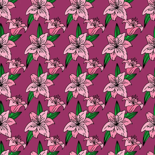Seamless Repeating Pattern Large Pink Lily Flowers Purple Background Texture — 图库矢量图片