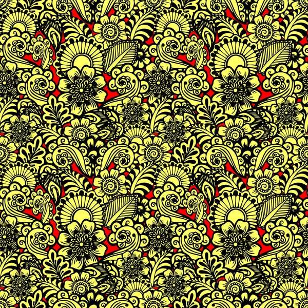 Seamless Black Graphic Pattern Yellow Background Oriental Motifs Texture Design — Stockvektor