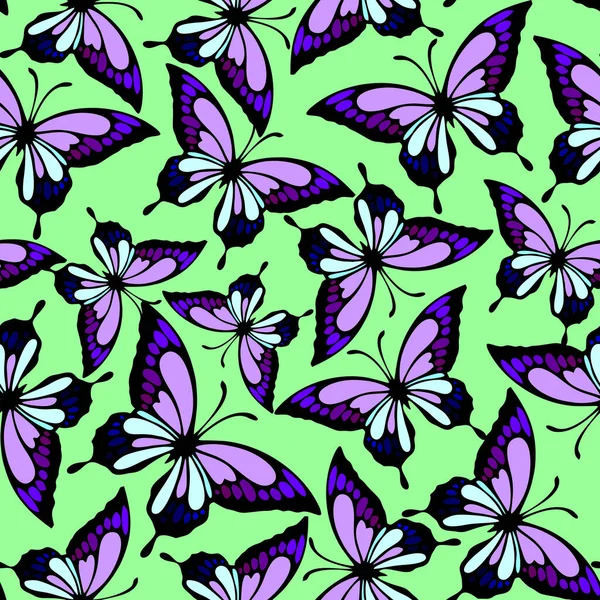 Seamless Pattern Bright Colored Butterflies Green Background Texture Design — Vetor de Stock