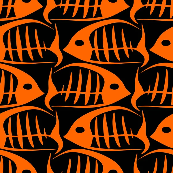 Графические Черно Оранжевые Скелеты Рыбы Бесшовный Узор Текстура Фон — стоковый вектор