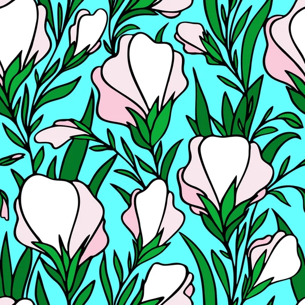 青い背景に白い大きな花のシームレスな輪郭パターン テクスチャ — ストックベクタ