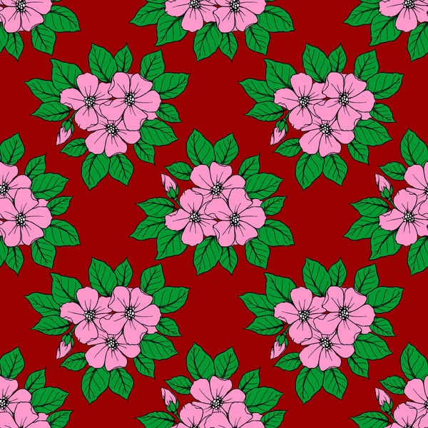 Nahtloses Muster Aus Großen Rosa Blüten Auf Rotem Hintergrund Textur — Stockvektor