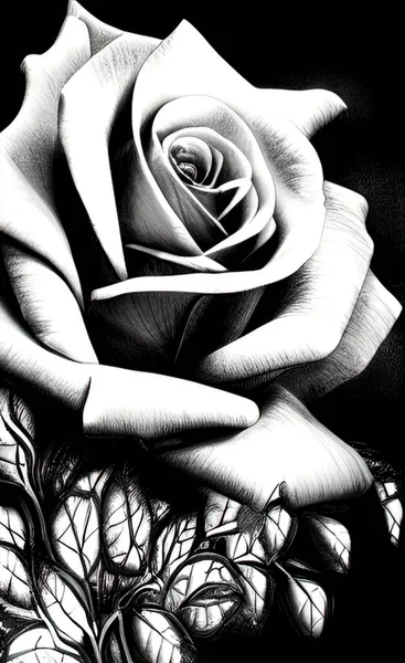 Dessin Noir Blanc Une Fleur Rose Gros Plan Graphiques Monochromes — Photo