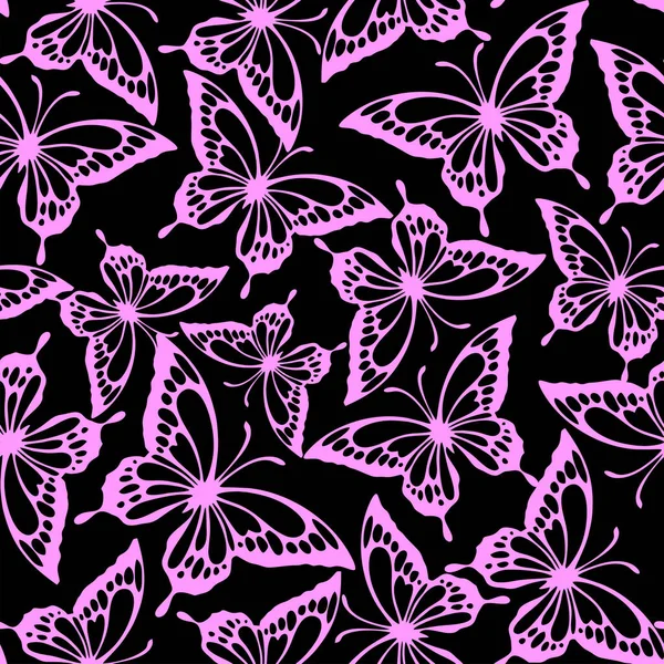 Zökkenőmentes Minta Rózsaszín Kontúrok Pillangók Fekete Alapon Textúra Design — Stock Vector