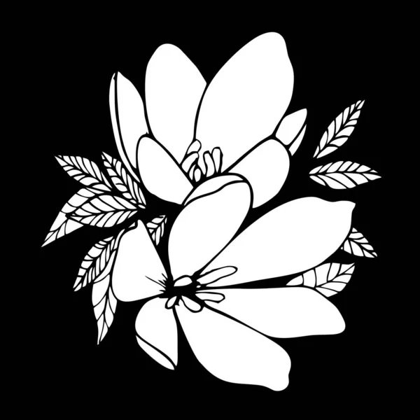 White Contour Drawing Flower Black Background Logotype Monochrome Design — 스톡 벡터