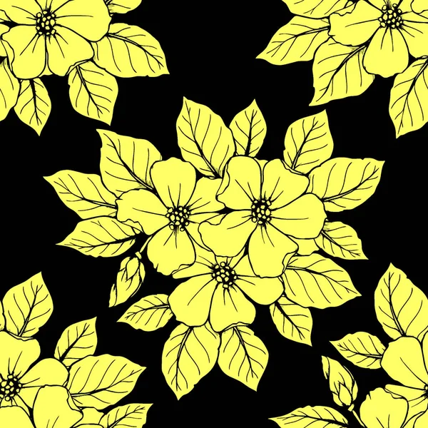 Padrão Contorno Sem Costura Grandes Flores Amarelas Fundo Preto Textura — Vetor de Stock