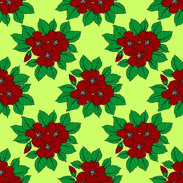 Nahtloses Muster Großer Roter Blumen Auf Grünem Hintergrund Textur Design — Stockvektor