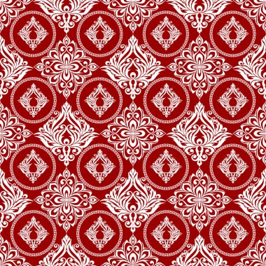 Kusursuz grafik desen, soyut geometrik beyaz süslemeli fayans kırmızı zemin, doku, tasarım