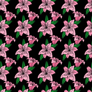 Siyah arkaplan, doku, tasarım üzerinde büyük pembe çiçeklerin kusursuz yinelenen deseni