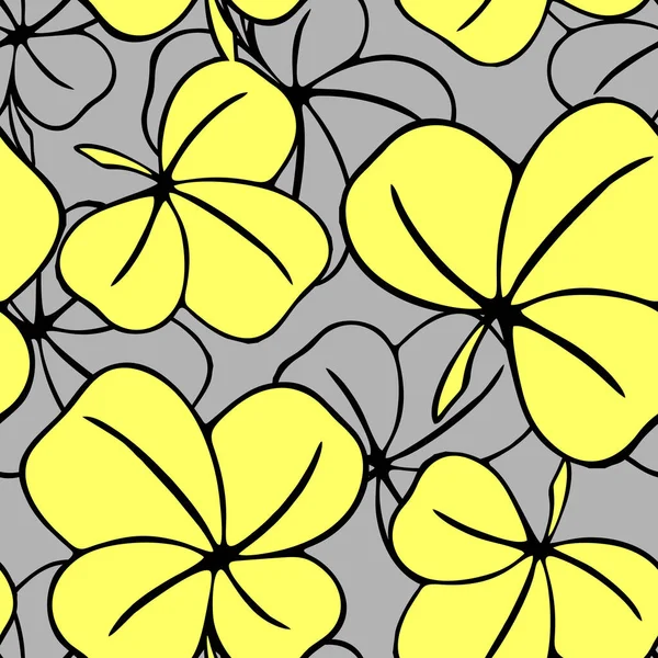 Seamless Asymmetric Pattern Clover Leaves Yellow Gray Tones Black Contouros — Archivo Imágenes Vectoriales