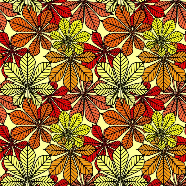 bright autumn seamless pattern of chestnut yellow and red leaves on a yellow background, texture, design