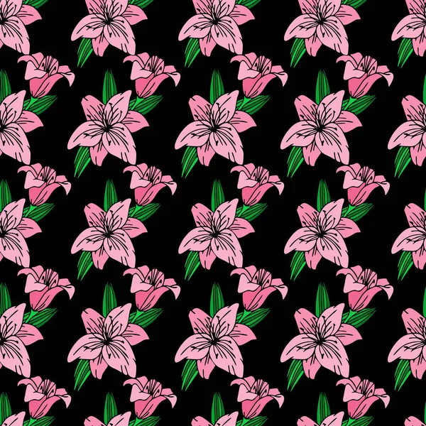 Seamless Repeating Pattern Large Pink Flowers Black Background Texture Design — 图库矢量图片