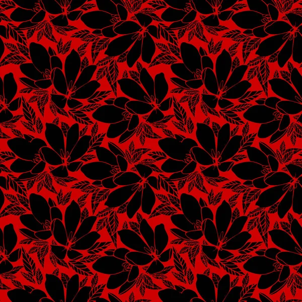 Patrón Contorno Negro Floral Sin Costuras Asimétricas Sobre Fondo Rojo — Vector de stock