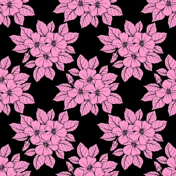 Zökkenőmentes Kontúr Minta Nagy Rózsaszín Virágok Fekete Háttér Textúra Design — Stock Vector
