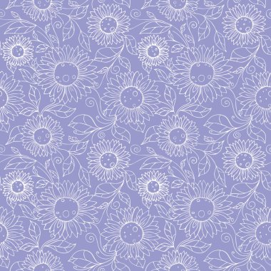 Mavi arkaplan, doku, tasarım üzerinde beyaz çiçek hatları kusursuz desen