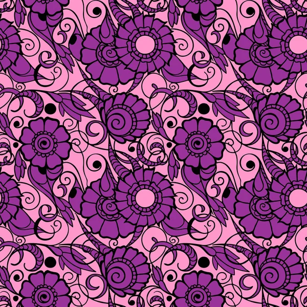Nahtloses Muster Großer Magentafarbener Blüten Mit Schwarzem Umriss Auf Rosa — Stockvektor