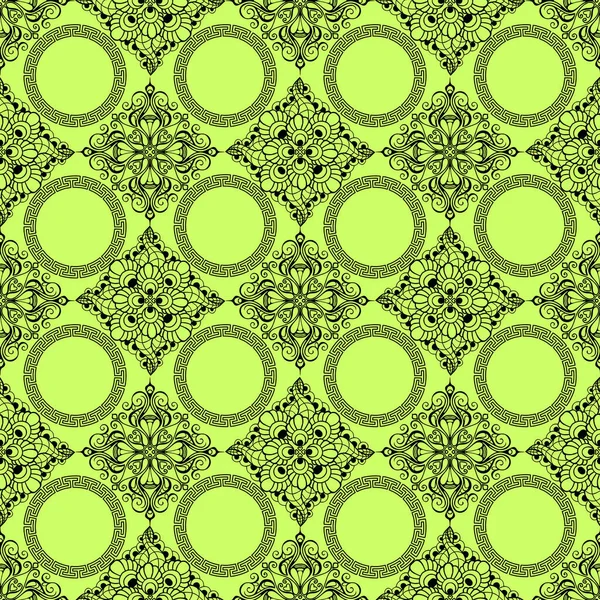 Безшовний Графічний Візерунок Плитка Абстрактним Геометричним Чорним Орнаментом Зеленому Фоні — стоковий вектор