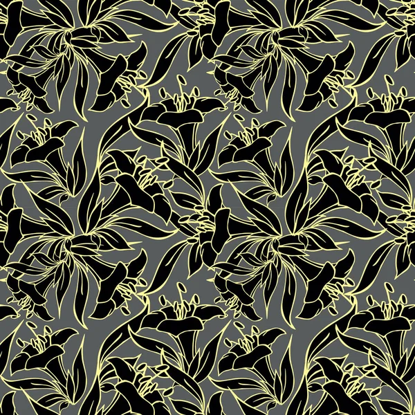 Bezszwowy Wzór Dużych Czarnych Kwiatów Żółtym Zarysem Szarym Tle Tekstura — Wektor stockowy