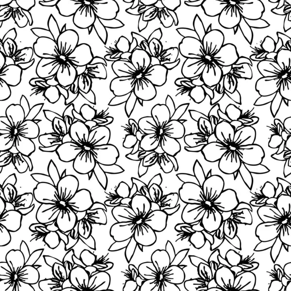 Patrón Sin Costuras Contornos Negros Flores Sobre Fondo Blanco Textura — Vector de stock