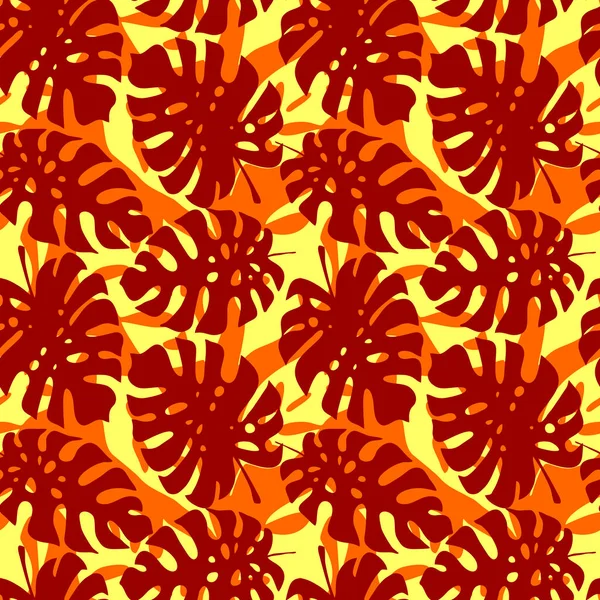 Бесшовный Красно Желтый Узор Контуров Тропических Листьев Текстуры Дизайна — стоковый вектор