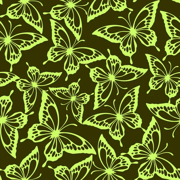 蝴蝶的无缝图案绿色背景 图案的橄榄形轮廓 — 图库矢量图片