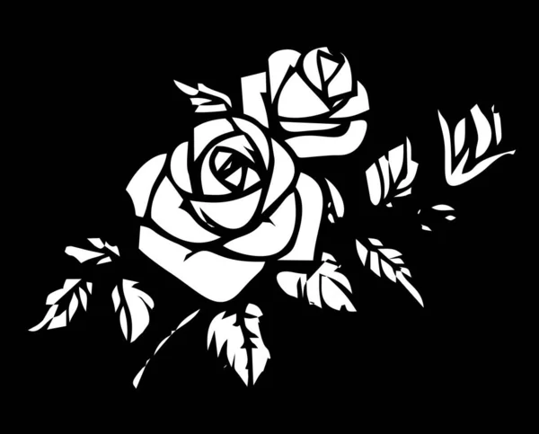 Biały Kontur Rysunek Kwiatu Róży Czarnym Tle Logotyp Projekt Monochromatyczny — Wektor stockowy