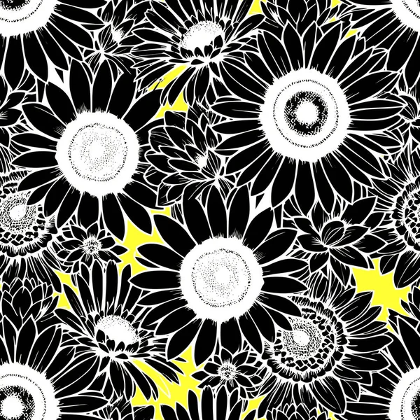 Nahtlose Schwarz Weiße Blumenmuster Auf Gelbem Hintergrund Textur Design — Stockvektor