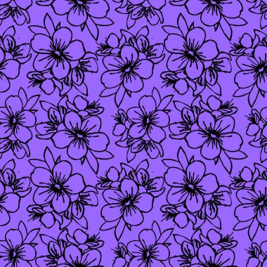 Mavi arka planda, desen, desen, dizayn, desen, desen ve çiçeklerin siyah hatları.