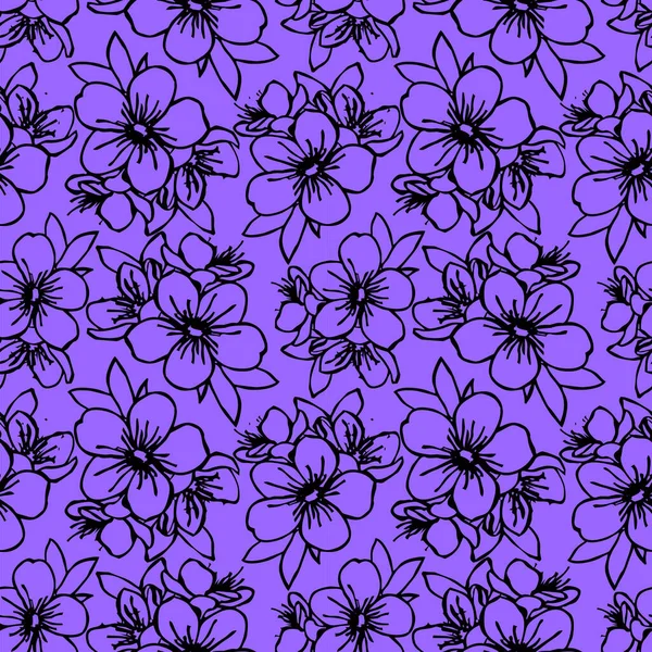 Seamless Pattern Black Contours Flowers Blue Background Texture Design — Stock Vector